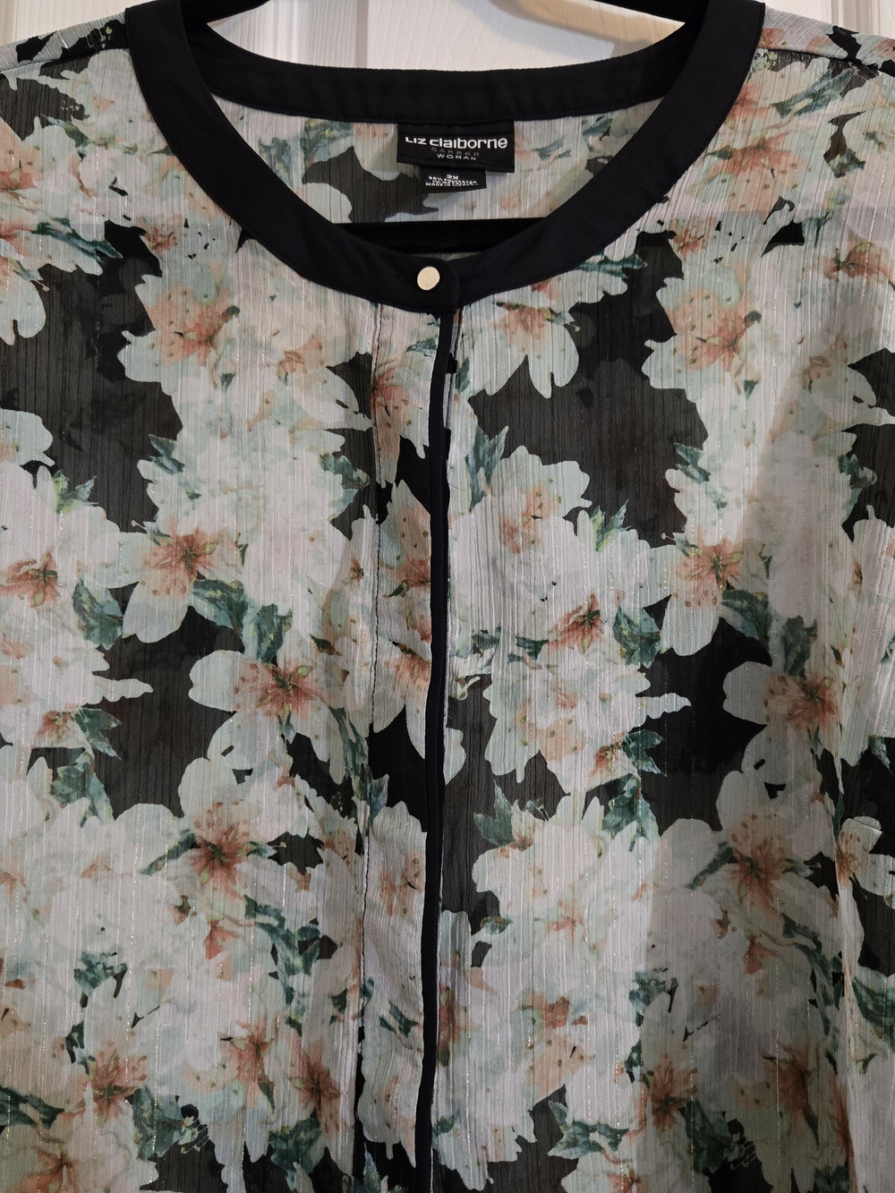 Liz Claiborne Sheer Floral Button Front Blouse - Black, White, Green - Picture 2 of 7